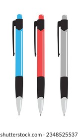 Ballpoint pen vector illustration in different colors. Back to school concept. Stationery, office supplies or school supplies vector. Flat vector in cartoon style isolated on white background.