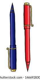 Ballpoint pens hand drawn vector doodle illustration. Stationery drawing isolated over white.