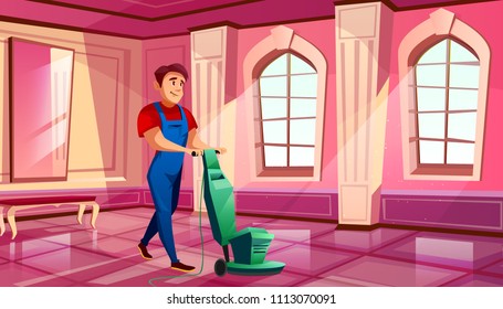 Ballroom cleaning vector illustration of man polishing parquet tile floor in royal hall of medieval castle or museum. Flat cartoon pink ball room interior background with windows and benches