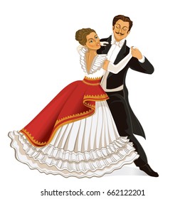 Ballroom Dance. Couple Dancing Waltz Vintage. Vector Illustration.