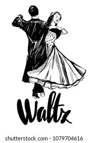 Ballroom dance. Couples dancing waltz. Hand drawn vector illustration. Isolated