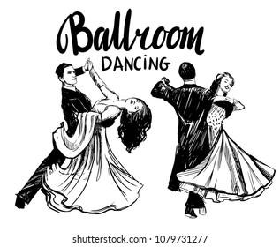  Danza en salón de baile. Parejas bailando vals. Ilustración vectorial dibujada a mano. Aislado