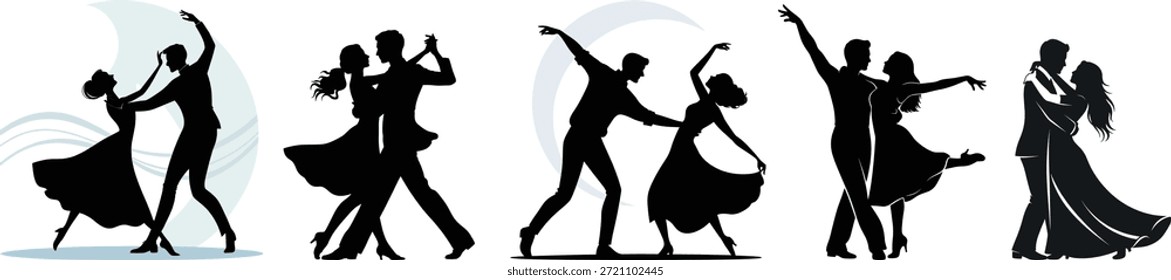 Salão de dança casais silhuetas movimento gracioso encenação dramática
