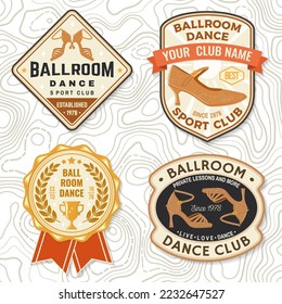 Ballroom dance sport club badge, logo, patch. Concept for shirt or logo, print, stamp or tee. Dance sport sticker with trophy cup, shoes for ballroom dancing silhouette. Vector illustration.