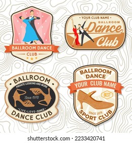 Ballroom dance sport club badge, logo, patch. Concept for shirt or logo, print, stamp or tee. Dance sport sticker with man and woman, shoes for ballroom dancing silhouette. Vector illustration.