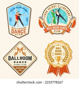 Ballroom dance sport club badge, logo, patch. Concept for shirt or logo, print, stamp or tee. Dance sport sticker with trophy cup, shoes for ballroom dancing silhouette. Vector illustration.