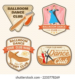 Ballroom dance sport club badge, logo, patch. Concept for shirt or logo, print, stamp or tee. Dance sport sticker with shoe brush, shoes for ballroom dancing silhouette. Vector illustration.