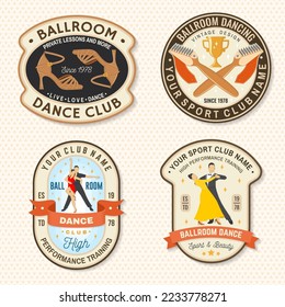 Ballroom dance sport club badge, logo, patch. Concept for shirt or logo, print, stamp or tee. Dance sport sticker with shoe brush, trophy cup, shoes for ballroom dancing silhouette. Vector