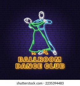 Club deportivo de baile Bright Neon Sign. Emblema de neón deportivo de danza con silueta de hombre y mujer. Vector. Tango, vals, parejas bailando estilo salón de baile.