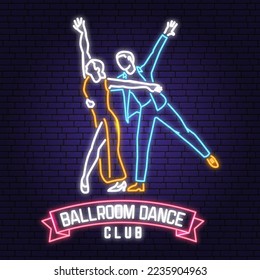 Club deportivo de baile Bright Neon Sign. Emblema de neón deportivo de danza con silueta de hombre y mujer. Vector. Rumba, salsa, parejas de samba bailando estilo salón de baile.