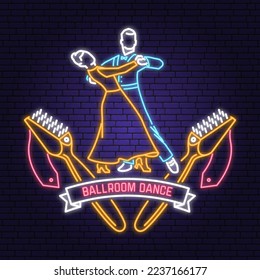 Ballroom dance sport club Bright Neon Sign. Dance sport neon emblem with shoe brush, man and woman silhouette. Vector. Tango, waltz, couples dancing ballroom style.