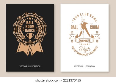 Folleto de club deportivo de baile de salón, pancarta, afiche. Concepto de camisa o logotipo, impresión, sello o tee. Pegatina deportiva de baile con trofeo para la silueta de zapatos de baile. Ilustración vectorial.