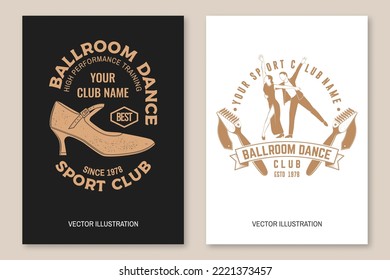 Ballroom dance sport club flyer, brochure, banner, poster. Concept for shirt or logo, print, stamp or tee. Dance sport sticker with shoe brush for ballroom shoes silhouette. Vector illustration.