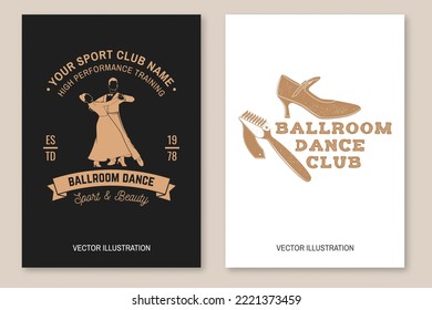 Folleto de club deportivo de baile de salón, pancarta, afiche. Concepto de camisa o logotipo, impresión, sello o tee. Pegatina deportiva de danza con pincel de zapatos para la silueta de zapatos de baile. Ilustración vectorial.