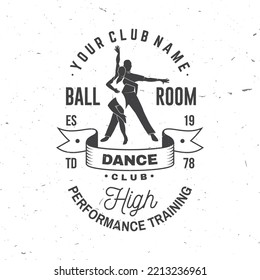 Ballroom dance sport club logo, badge design. Concept for shirt or logo, print, stamp or tee. Dance sport sticker with shoes for ballroom dancing silhouette. Vector illustration.