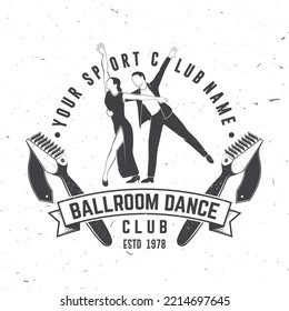 Ballroom dance sport club logo, badge design. Concept for shirt or logo, print, stamp or tee. Dance sport sticker with man and woman silhouette. Vector. Tango, waltz, couples dancing ballroom style.