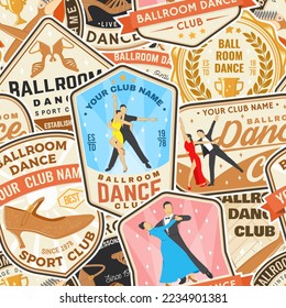 Club deportivo de baile de salón de baile, sin fisuras. Concepto de camisa o logotipo, impresión, sello o tee. Patología deportiva de danza con cepillo de zapatos, hombre y mujer, zapatos para la silueta de baile de salón. Vector