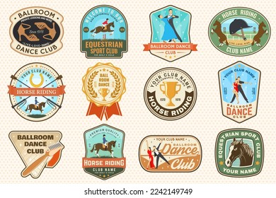 Ballroom dance sport and Horse riding club badge, logo, patch. Dance sport and equestrian label, sticker with rider, horse, shoe brush, man and woman, shoes for ballroom dancing silhouette. Vector