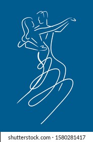 Ballroom Dancers Couple. 
Line art stylized illustration of couple dancing ballroom dance on blue background. Vector available.