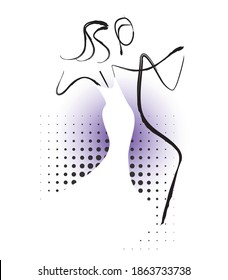 
Ballroom Dancers Couple. Line art stylized illustration of Young couple dancing ballroom dance on halftone raster background. Vector available