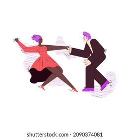 Los bailarines de salón de baile emparejan a un hombre con personajes de dibujos animados, ilustración vectorial plana aislada en fondo blanco. Parejas de danza clásica con disfraces escénicos retro.