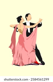 Ballroom dancers gracefully moving across the floor, showcasing elegance and precision in their waltz