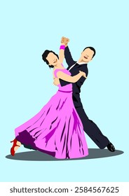 Ballroom dancers gracefully moving across the floor, showcasing elegance and precision in their waltz