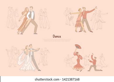 Ballroom dancers performance, graceful couples dancing tango, rumba, foxtrot, passionate flamenco banner