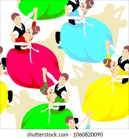 Ballroom dances of standard style.Variants of dance such as waltz, foxtrot, quickstep, tango.Partner dance, an interesting pose.Seamless background in swatch panel.Twisting dancing couples.Flat design