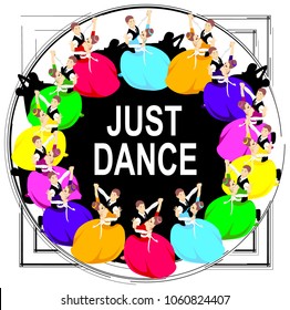 Ballroom dances of standard style.Variants of dance such as waltz, foxtrot, quickstep, tango.Partner dance, an interesting pose.Twisting dancing couples.Flat design. Frame. Black and white background.
