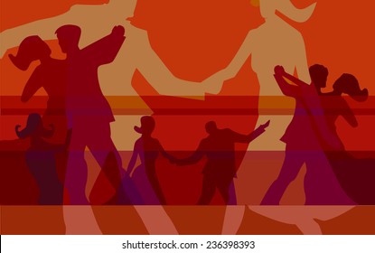 Ballroom dancing colorful background. Vector red background for with silhouettes of dancing couples. Vector illustration. 