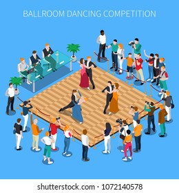 Ballroom dancing competition isometric composition on blue background with performers on parquet, judges and viewers vector illustration