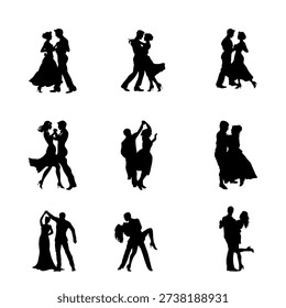 Ballroom Dancing Couple Silhouette Vector Set, Romantic Wedding and Tango Dance Illustration Collection