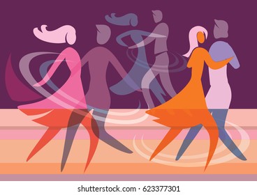 Ballroom Dancing Couples.
Colorful background with silhouettes of dancing couples. Vector available.