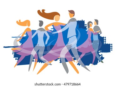 Ballroom Dancing Couples.
Colorful illustration with silhouettes of dancing couples. Vector available.