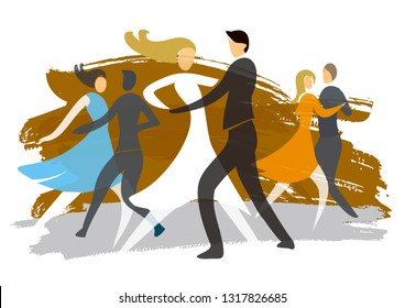 Ballroom Dancing Couples, expressive stylized. Colorful expressive illustration with three dancing couples. Vector available.