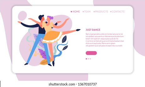 Ballroom dancing dance classes online web page template vector girl and guy partners moves and poses man and woman movement sport and hobby online site competition and tournament professional couple.