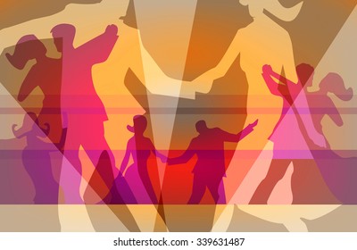 Baile de salón y fondo de fiesta de baile.
Un ambiente colorido para las parejas con siluetas de parejas bailando. Vector disponible.
