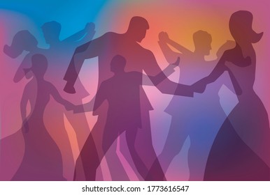 Ballroom dancing, dance party colorful background.
Colorful background with silhouettes of dancing young couples. Vector available.
