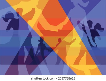 Collage colorido de la fiesta de baile del salón de baile.
Fondo colorido con siluetas de parejas de baile. Vector disponible.