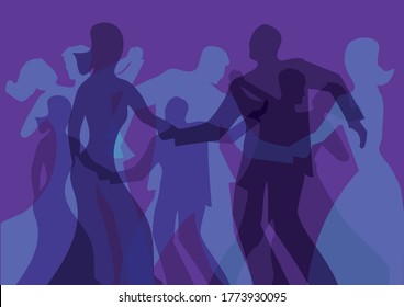 Baile de salón de baile, siluetas de baile de fondo.
Fondo violeta con siluetas de parejas jóvenes bailando. Vector disponible.