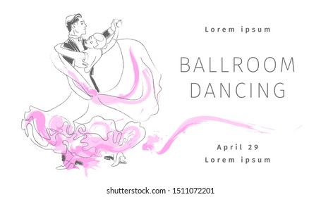 Ballroom dancing. Man and woman waltz. Dance. Couple. Template for banner, flyer, brochure. Professional dancers. International Standard. Foxtrot, Quickstep. Hand drawn sketch. Vector illustration.