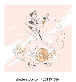 Ballroom dancing. Man and woman waltz. Dance. Couple. Professional dancers. International Standard. Foxtrot, Quickstep. Hand drawn sketch. Vector illustration for banner, flyer, card, invitation.