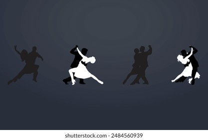 Baile de salón. Un conjunto de siluetas de cuatro parejas bailando. Vector sobre fondo oscuro