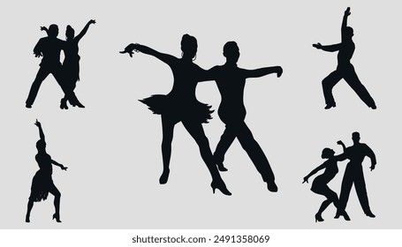 Baile de salón. Siluetas de gente bailando. Vector sobre fondo negro