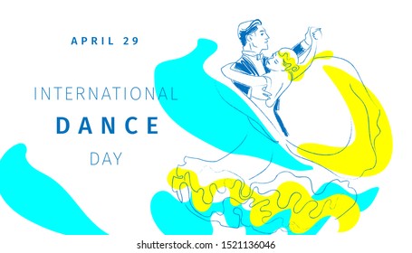 Ballroom dancing. Template for banner, flyer, invitation. International dance day. Couple. Professional dancers. International Standard. Foxtrot, Quickstep, Waltz. Hand drawn sketch. Vector. April 29.