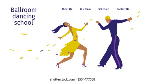 Ballroom dancing. Vector illustration of professional dancers. Template for web site, poster, banner, party invitation. International Latin: Cha cha, Samba, Rumba, Jive. American Rhythm: Salsa, Mambo.