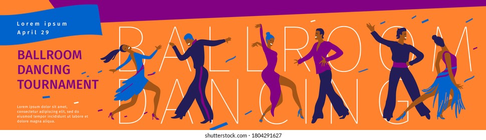 Baile de salón de baile. Ilustración vectorial de bailarines profesionales. Plantilla de banner, invitación. Latín internacional: Cha cha, Samba, Rumba, Jive. Ritmo americano: Salsa, Mambo. Torneo de baile.