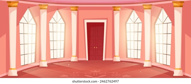 Ballroom hall background. Cartoon medieval castle interior with tall windows, royal grand hall vector illustration of ballroom in castle, hall interior medieval