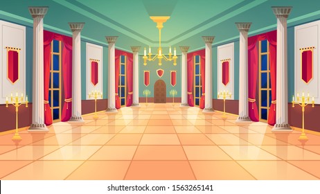 Ballroom hall, Medieval palace room, royal castle interior, vector background. King ballroom with luxury interior, marble columns and curtains, golden candelabra and candle lamps, fairy tale design